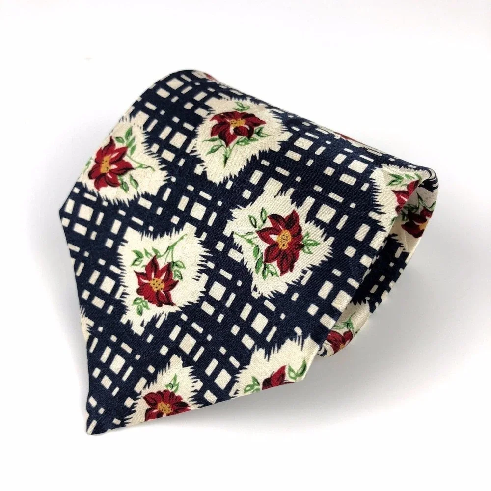 GAP Men's 100% Silk Beige Dark Blue Red Floral Flower Plaid Short Necktie